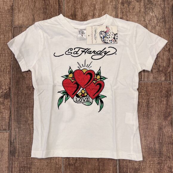 Ed Hardy Kids 3 Hearts with Rhinestones On White T-Shirt Size 4 - Picture 1 of 7